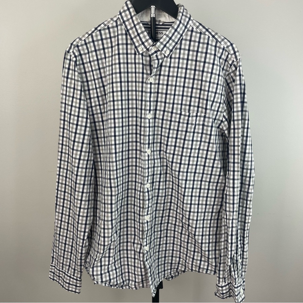 Men's Express Gingham Plaid Blue/ Gray Cotton Long Sleeve‎ Button-Down Shirt Lrg